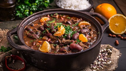 Authentic Brazilian feijoada, a traditional stew made with a variety of meats and beans, served in a cast-iron pot and accompanied by fragrant rice, refreshing oranges, and crunchy texture of farofa.