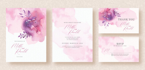 Abstract splash pink and purple watercolor with floral shapes on wedding invitation background