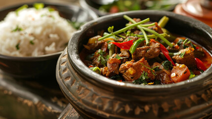 A close-up of a spicy and fragrant Indian curry, simmered to perfection in a traditional clay pot and served alongside fluffy basmati rice, showcasing the bold flavors and authentic of Indian cuisine.