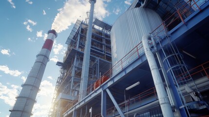This image shows a close-up view of an industrial plant with a tall chimney emitting smoke into the blue sky. The plant is made of steel and concrete, with various pipes and equipment visible.