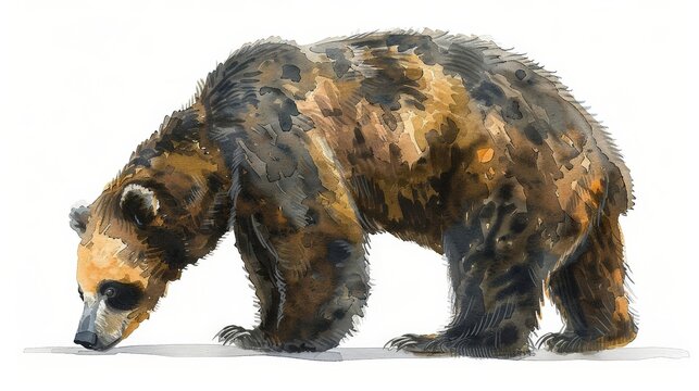 A sloth bear clipart, sniffing the ground, watercolor style, dark browns and grays, isolated on white background