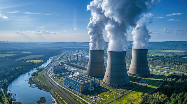 Aerial view of a nuclear power plant with cooling towers emitting steam.