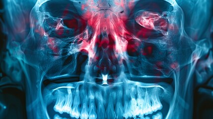 Detailed X-ray of the head showing inflammation in the sinus areas