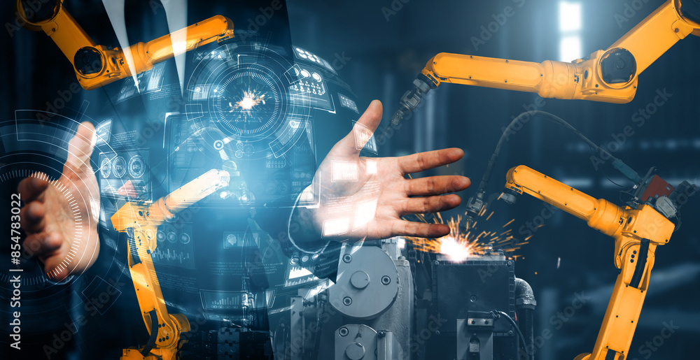 Poster mlp mechanized industry robot arm and factory worker double exposure. concept of robotics technology