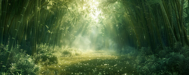 A tranquil bamboo grove with sunlight filtering through the dense canopy, casting a warm glow on the forest floor.