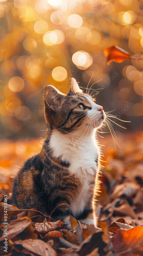 Poster cat with bokeh effect in autumn leaves looking up