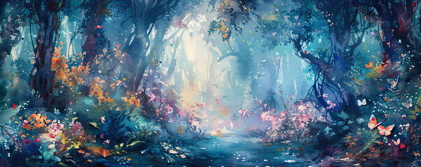 Obraz premium A watercolor painting of a mystical forest inhabited by fairies, unicorns, and other fantastical creatures.
