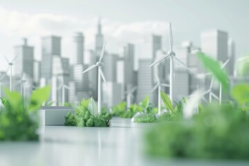 Eco-Friendly Cityscape with Wind Turbines and Solar Panels - Sustainable Urban Living, Concept of Renewable Energy for a Healthier Planet