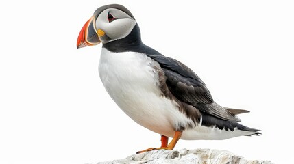 Naklejka premium A puffin clipart, standing on a cliff, watercolor effect, black and white with colorful beak, isolated on white background
