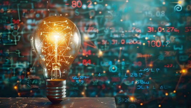 Glowing light bulb on wooden table illuminates mathematical equations