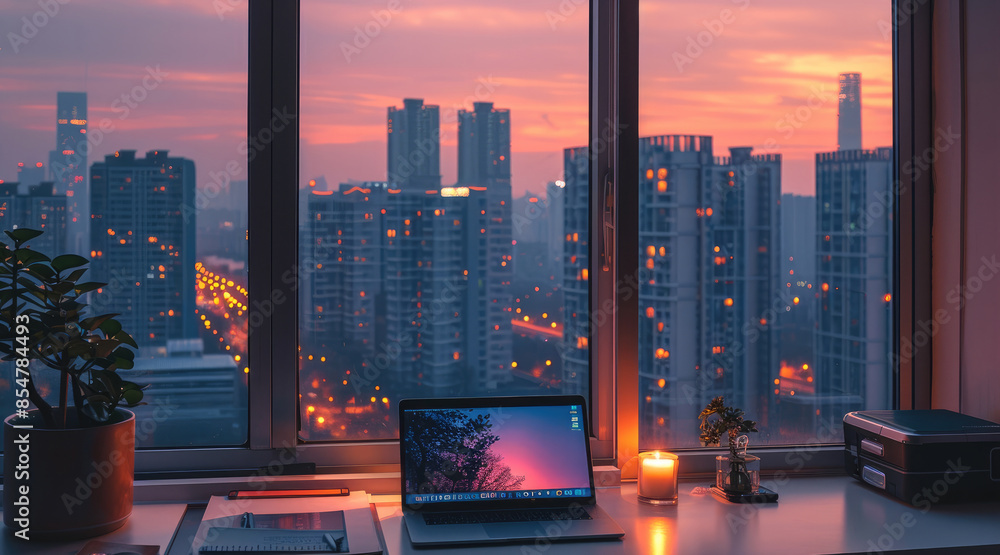 Fototapete the window of the modern minimalist style apartment is open, overlooking downtown buildings. the des