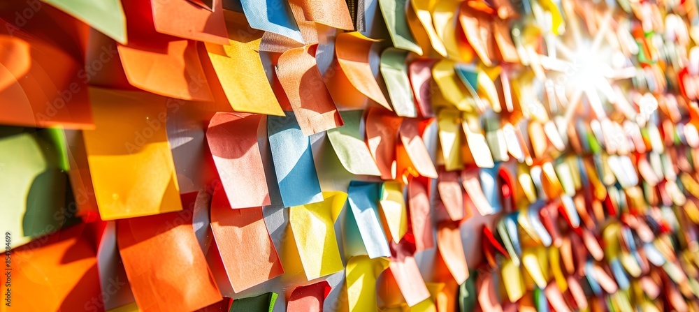 Poster innovative brainstorming session visualized through colorful sticky notes on whiteboard