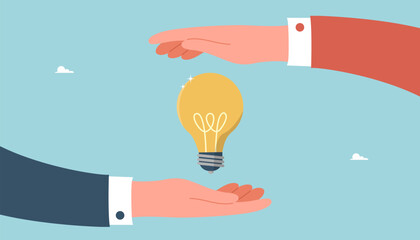 Brainstorming and creativity to create business ideas or strategies, collaboration or partnership to achieve common goals, teamwork and mentoring for innovation, big hands protect the light bulb.