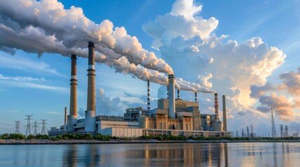 An industrial power plant with tall smoke stacks emitting smoke near water, surrounded by trees and power lines under a blue sky. - Powered by Adobe