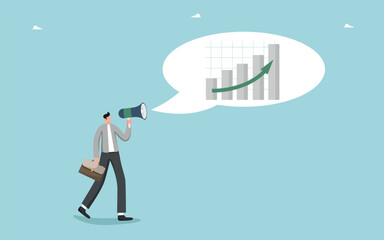 Encouragement to develop highly profitable business, motivation to achieve wealth, display of leadership skills to increase wages or achieve wealth, man speaks into loudspeaker about financial growth.