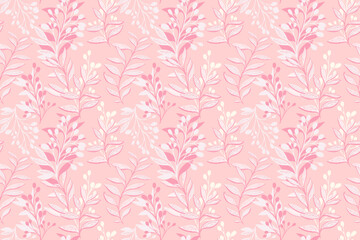 Pastel pattern with creative branches abstract shapes leaves. Stylized artistic botanical contemporary seamless printing on a pink background. Vector hand drawing illustration. Designs for fabric