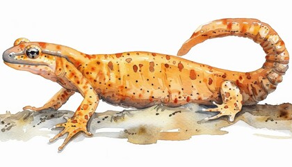 Obraz premium A newt clipart, swimming in a pond, watercolor style, subtle oranges and browns, isolated on white background