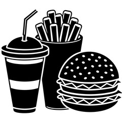 Hamburger soft drink and french fries, Fast food items vector Silhouette illustration.