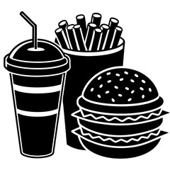 Hamburger soft drink and french fries, Fast food items vector Silhouette illustration.