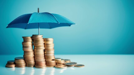 Stacks of coins with umbrella on blue background, business and financial concept
