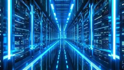 Futuristic Data Center with Black Server Racks and Blue Lights