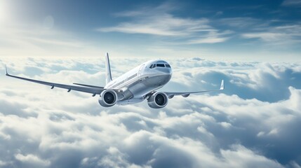 Commercial airplane flying above clouds in the blue sky.