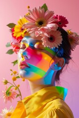 Portrait of a woman featuring a crown of vibrant flowers and colorful rainbow light stripes on her face