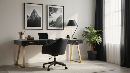 A sleek home office with a black marble desk, stylish chair, and blank picture frame on a white wall, bathed in natural light through sheer curtains.