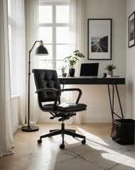 A sleek home office with a black marble desk, stylish chair, and blank picture frame on a white wall, bathed in natural light through sheer curtains.