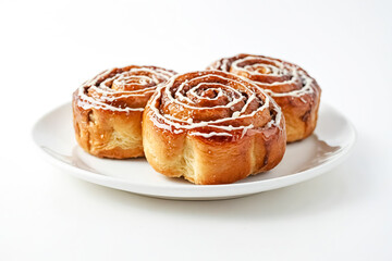 Three Delicious Cinnamon Rolls on a White Plate