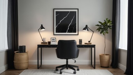A sleek home office with a black marble desk, stylish chair, and blank picture frame on a white wall, bathed in natural light through sheer curtains.