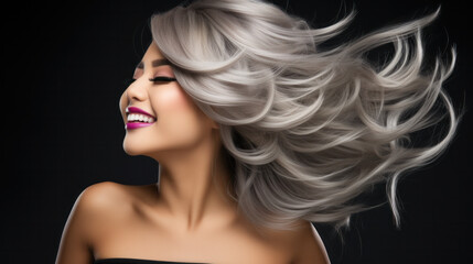 Naklejka premium Portrait of beautiful smiling blonde lady with long haircut.