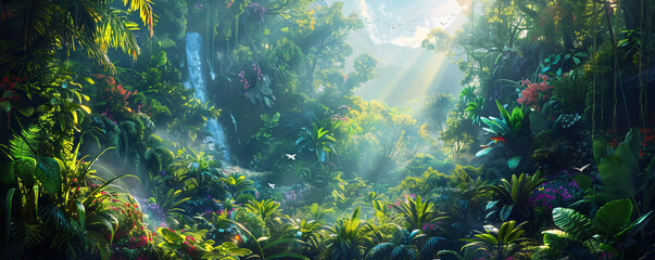 Obraz premium A dense rainforest teeming with exotic flora and fauna, its vibrant colors and sounds creating a symphony of life.