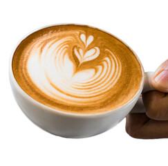 Hand holding a cup of Latte art coffee isolated