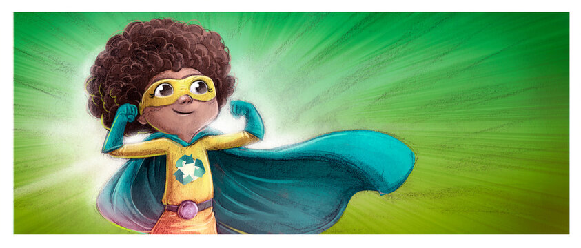 Ilustraci&oacute;n de ni&ntilde;a superh&eacute;roe que recicla