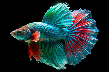 Fototapeta premium Siamese fighting fish, emerald betta isolated on black background.