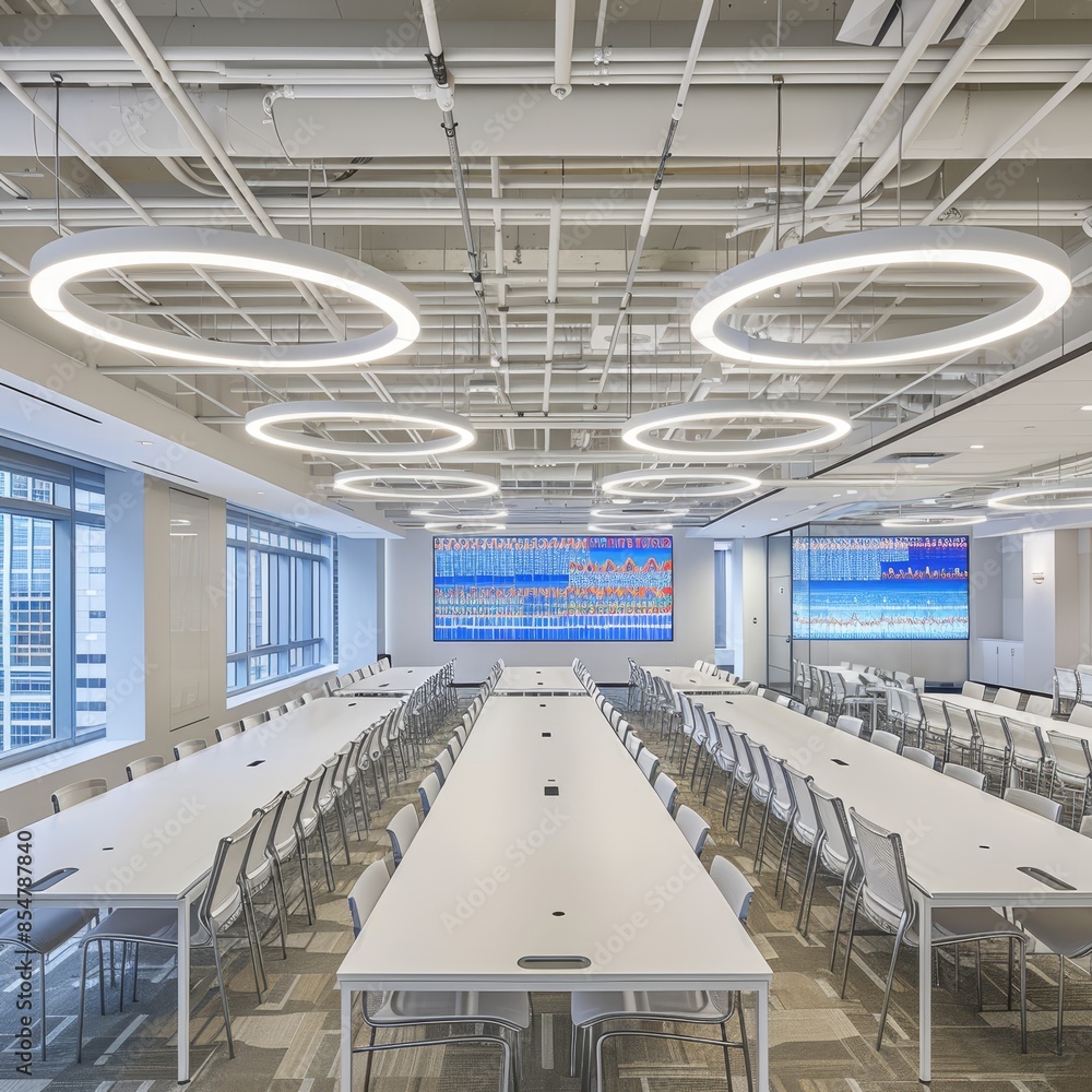 Poster cutting edge conference room with tech and data displays for forward thinking environments