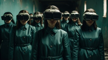 Fototapeta premium A uniformed group of students in a corridor with VR headsets, denoting modern educational methods