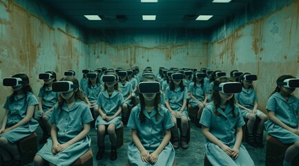 Students in VR headsets seated in a dilapidated classroom
