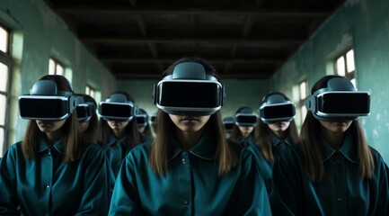 A group of individuals in identical clothing wear virtual reality headsets, standing in an aged, dilapidated room