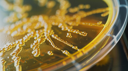 Staphylococcus aureus bacteria in petri dish under macro zoom.