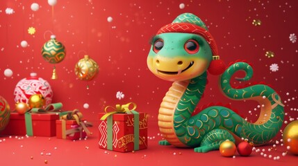 Naklejka premium Festive Snake with Christmas Decorations, Generative AI