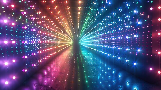 A large colorful LED light pattern that forms an infinity mirror effect, with many small lights shining in all directions and the whole thing is symmetrical. colorful. Generative AI.