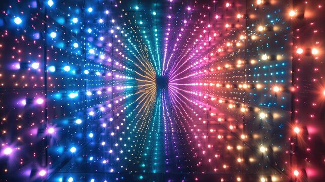 A large colorful LED light pattern that forms an infinity mirror effect, with many small lights shining in all directions and the whole thing is symmetrical. colorful. Generative AI.