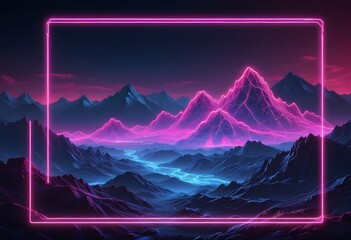 Mountain terrain landscape with pink and blue neon light glowing triangle dome sphere wireframe...