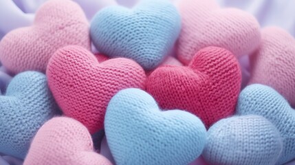 Fototapeta premium Valentine's day background. Blue and pink knitted hearts