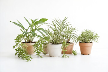 Fototapeta premium Greenery in Pots on a White Background
