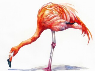 A flamingo clipart, standing on one leg, watercolor painting, vibrant pinks, isolated on white background