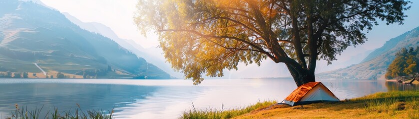 Serene lakeside camping scene with a tent under a large tree, surrounded by mountains and calm waters, captured during a sunny day.