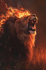 Naklejka premium Majestic Fire Lion: A Surreal Portrait of Power and Flame